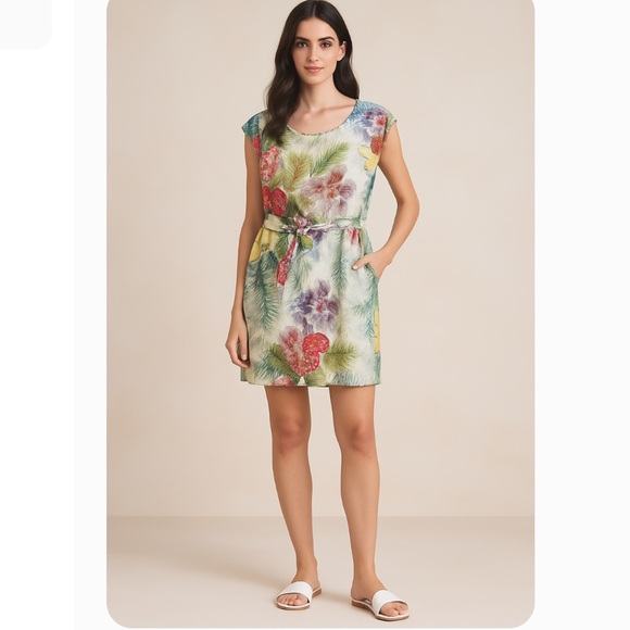 Hugo Boss Tropical Floral Print Belted Sheath Dress Resortwear Beach Vacations